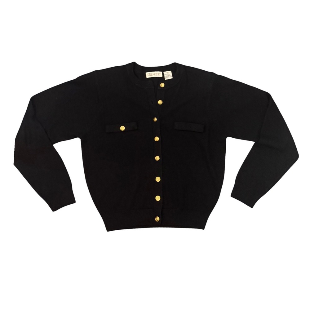 Kerri n Kelsey‎ Black Cardigan Sweater Gold Crest Buttons Small SM Vintage Style